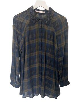 Zara Trafaluc Plaid Sheer Collar Blouse With Beaded Embellishments